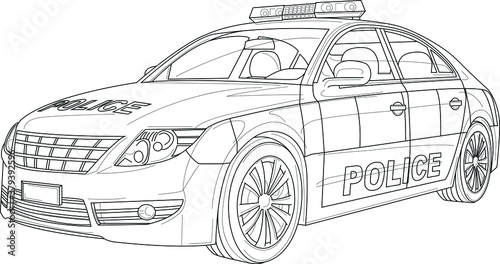 Police car realistic sketch template. Cartoon vector illustration in black and white for games, background, pattern, decor. Print for fabrics and other surfaces. Coloring paper, page, story book