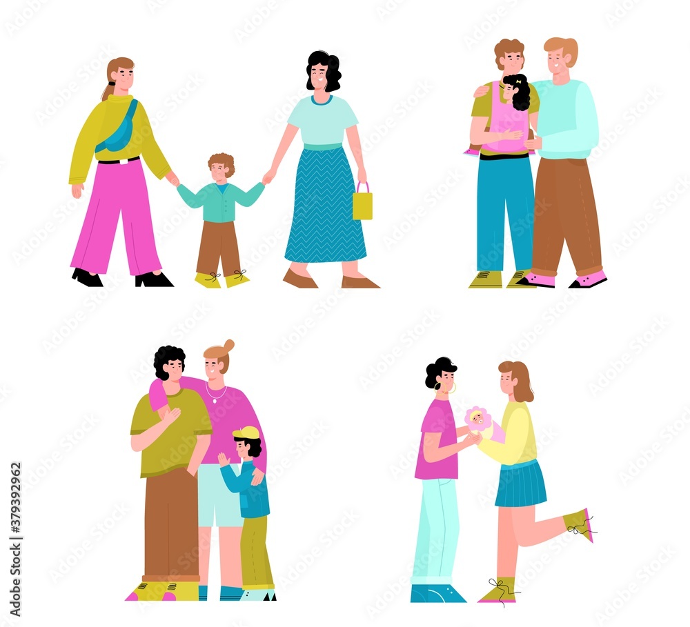 Set of homosexual men and lesbian women couples with childen. Romantic family relationships in lgbt community, flat vector illustration isolated on white background.