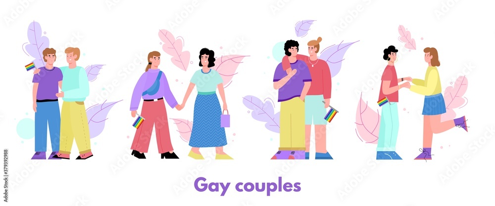 Banner with happy gay couples of homosexual and lesbian characters, flat vector illustration isolated on white background. LGBT community couple relationships.