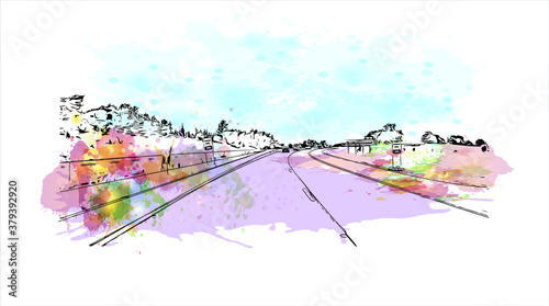 Building view with landmark of Barrie is a city and manifesting regional centre in Canada. Watercolor splash with hand drawn sketch illustration in vector.