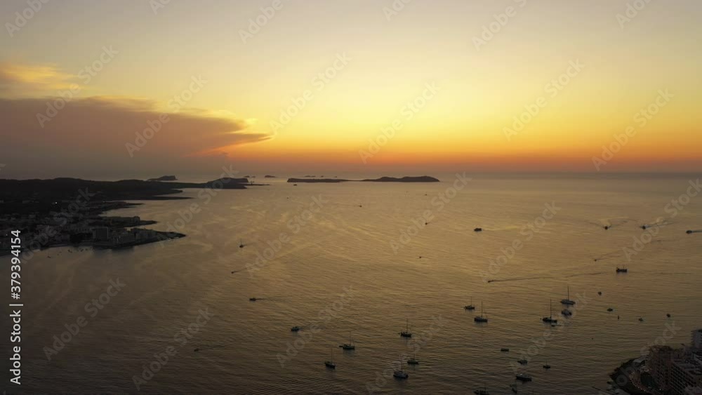 Aerial view of San Antoni de Portmany harbor at sunset. Ibiza, Balearic Islands, Spain.