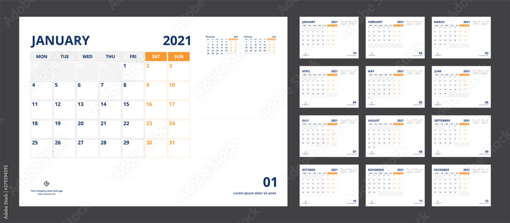 2021 calendar planner set for template corporate design week start on Monday.