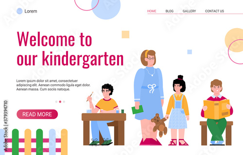 Web page design for kindergarten. Vector flat cartoon illustration with a female teacher and playing preschool children. Landing page template.
