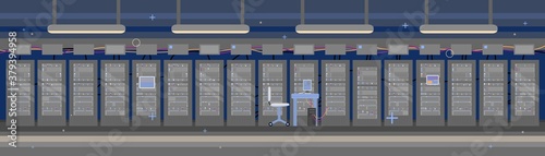 Empty data hosting server room, flat vector illustration. Data storage server interior horizontal background with computer equipment for internet network connection.