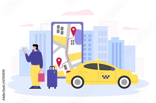 Online taxi service banner with cartoon character of man placing car order in mobile app, flat vector illustration isolated on white background. Taxi for city trips.