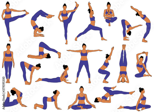 Vector silhouettes of woman doing yoga exercises. Icons of flexible girl in costume stretching her body in different yoga poses. Colored shapes of woman isolated on white background.