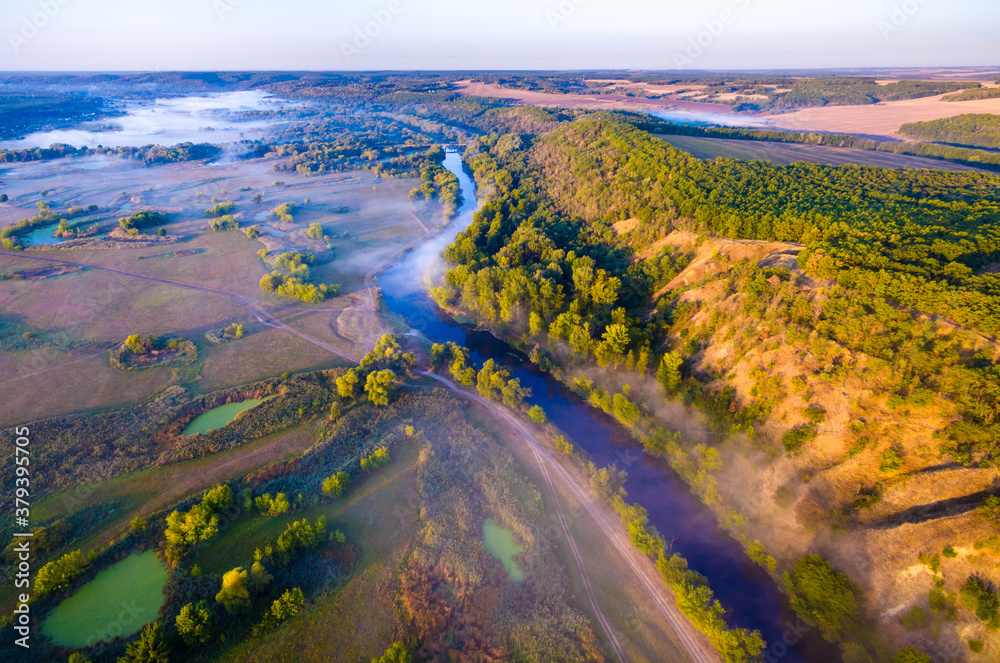 aerial view to foggy valley with river Siverskyi Donets