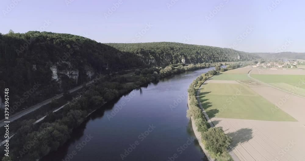 Aerial drone flight above bavarian landscape with focusing on Danube river Aerial drone flight above bavarian landscape with focusing on Danube river