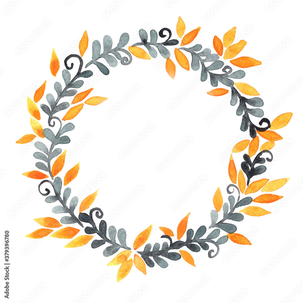 Obraz premium Dark grey fern and yellow leaves wreath watercolor hand painting for decoration on autumn season and Thanksgiving event.