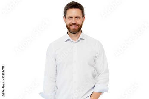 Happy mature unshaven male adult smile with fashion look in casual style isolated on white, man