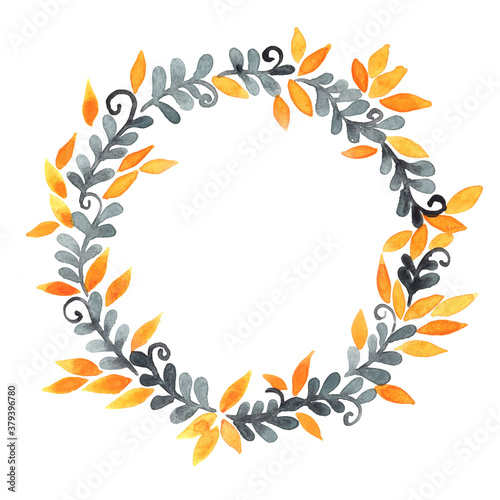 Dark grey fern and yellow leaves wreath watercolor hand painting for decoration on autumn season and Thanksgiving event.