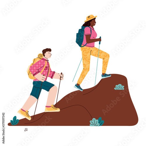 Couple of hikers man and woman climb the hill, cartoon vector illustration isolated on white background. Cartoon characters of hiking and traveling tourists.