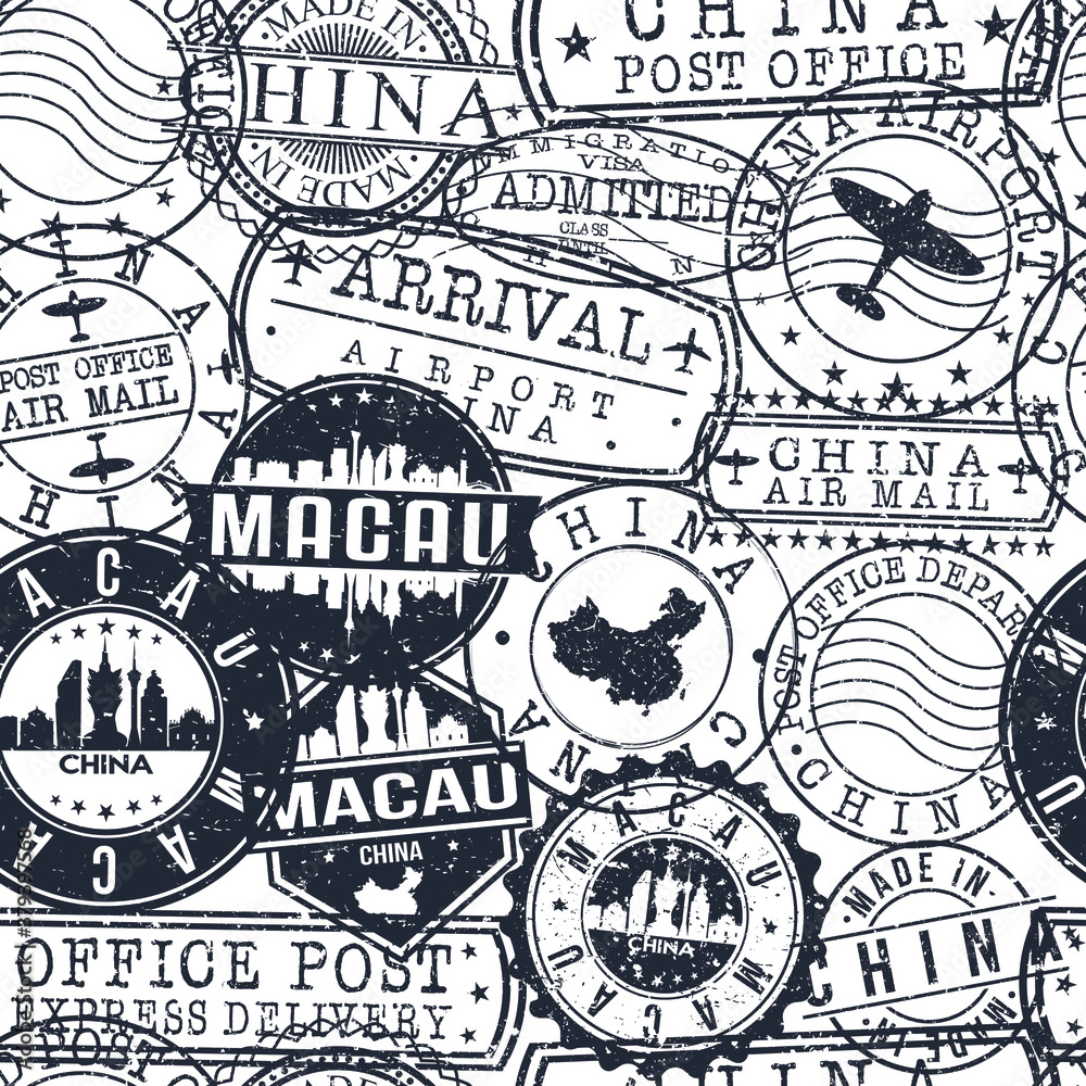 Macau China Stamps. City Stamp Vector Art. Postal Passport Travel. Design Set Pattern. Macau China Stamps. City Stamp Vector Art. Postal Passport Travel. Design Set Pattern.