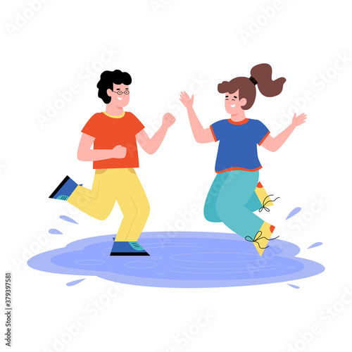 Funny children jump in puddle. Boy and a girl in summer clothes spray water. Outdoor activities, leisure or vacation for children. Flat cartoon vector isolated illustration.