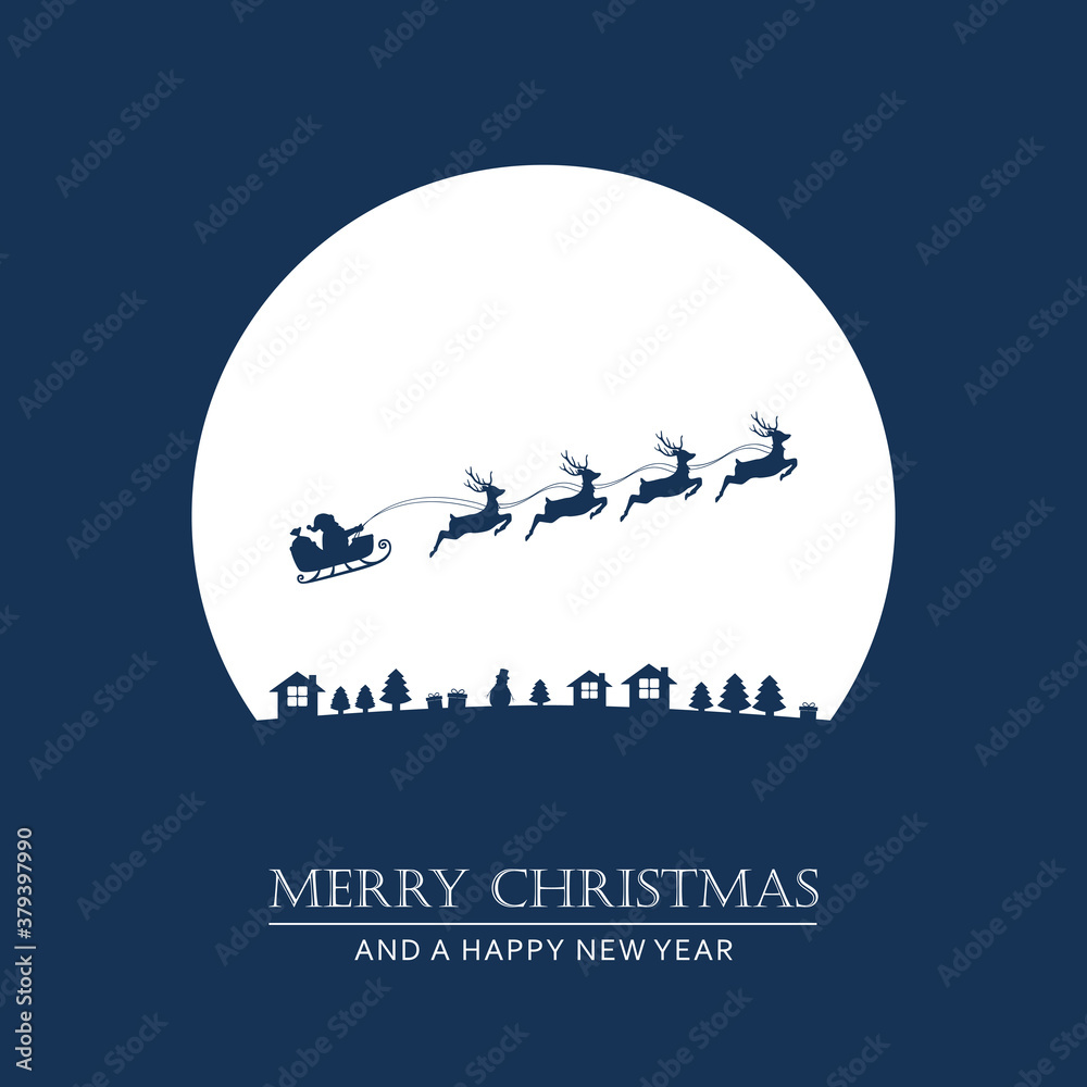 christmas village winter banner with santa sleigh and reindeer vector illustration EPS10