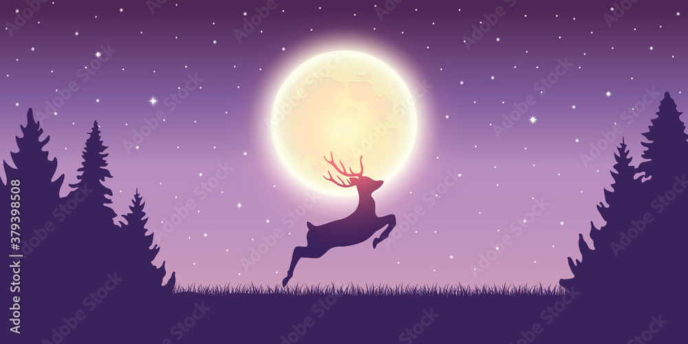 jumping deer in the nature by moon light vector illustration EPS10