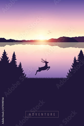 jumping deer in the nature by lake at sunset vector illustration EPS10