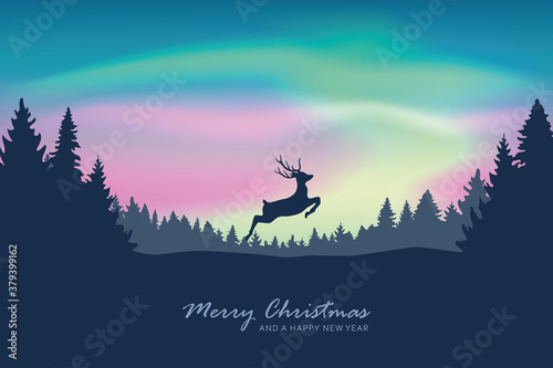 christmas greeting card with jumping deer on aurora berealis sky background vector illustration EPS10