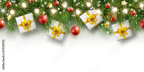 Christmas tree seamless border. Vector frame with green fir branches, red balls, light garland and gift boxes isolated on white background. Festive xmas evergreen pine decor banner