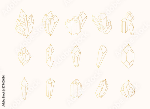 Hand drawn collection of golden crystals, gems, gemstones and diamonds. Vector isolated illustration. Gold celestial boho elements.