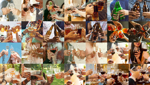 Collage of hands of young friends, colleagues during beer drinking, having fun, clinking bottles, glasses together. Collage design. Oktoberfest, friendship, togetherness, happiness, holidays concept © master1305