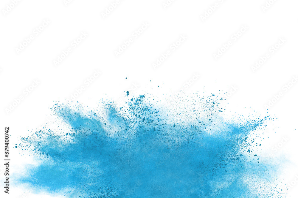 Blue powder particle splash isolated on white  background.