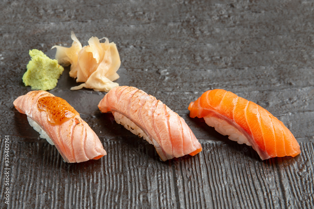 fine japanese nigiri sushi assorted of salmon aburi