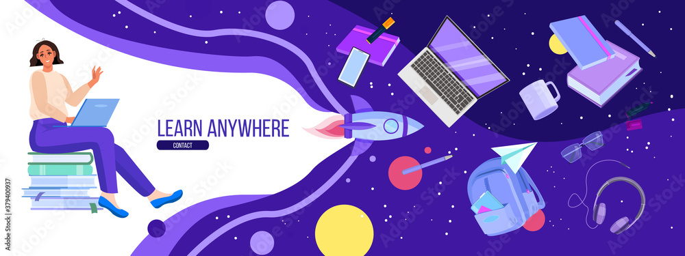 Online university and school education banner with student using laptop, space, rocket, book. Virtual lessons and webinar in internet concept with young woman. Online education vector illustration