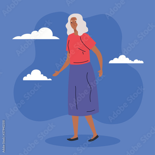 cute old woman afro walking, on blue background vector illustration design