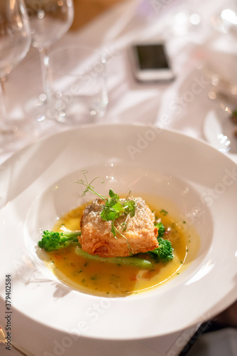 fancy grilled fish fillet steak eat with mash and asparacus