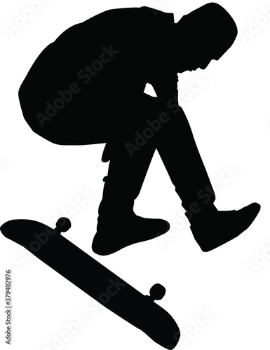 Black silhouette of skateboarder flying on a white background