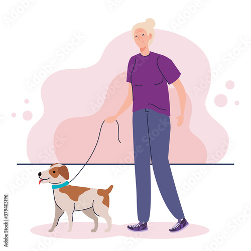 old woman walking with dog pet vector illustration design