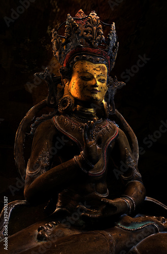 3D composite illustration of Bodhisattva. A 3D sculpture with Yoga pose, inspired by ancient Indian art. 3D rendering. Art