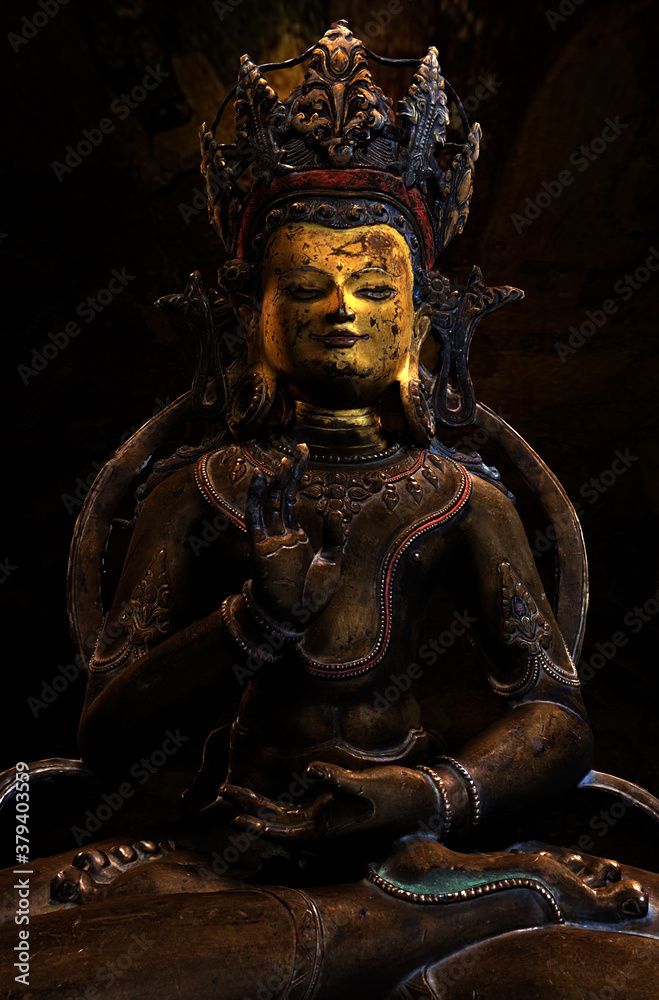 3D composite illustration of Bodhisattva. A 3D sculpture with Yoga pose, inspired by ancient Indian art. 3D rendering. Art