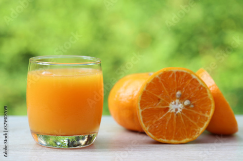 Glass of orange juice and oranges on natural green background