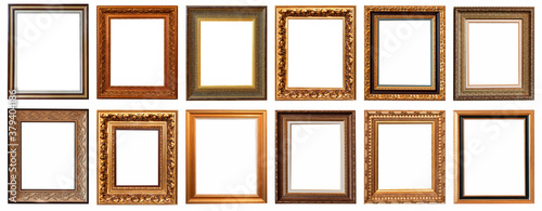 Frames baguettes gold silver set isolated on white background pattern.