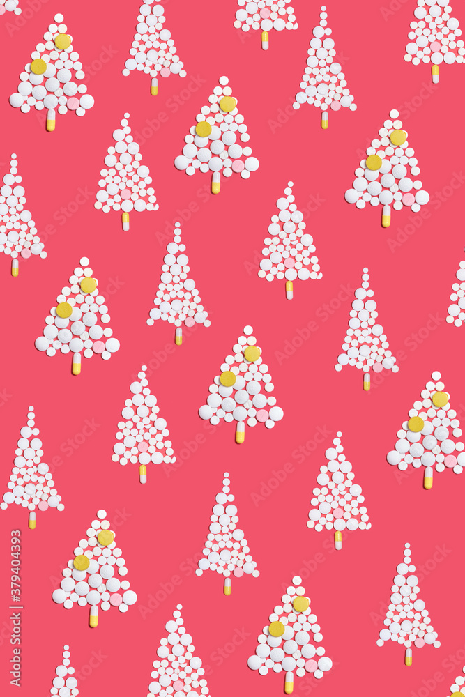 Christmas tree made of pills for Christmas, conceptual background on the New Year theme for medicine