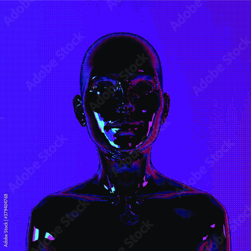 Artificial human made in pixel art style. Retrofuturistic cyberpunk aesthetics.