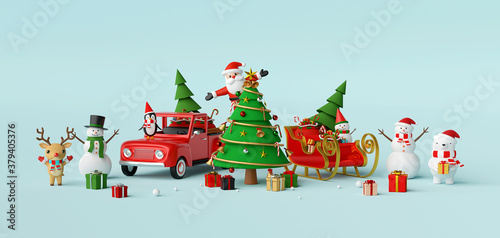 Merry Christmas and Happy New Year  Scene of Christmas celebration with Santa Claus and friends  3d rendering