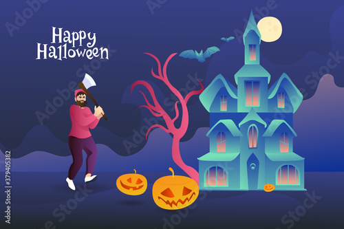 A mad forester runs with an ax for pumpkins against the backdrop of a scary castle with bats. Happy halloween postcard invitation. Man with pumpkins under the full moon.