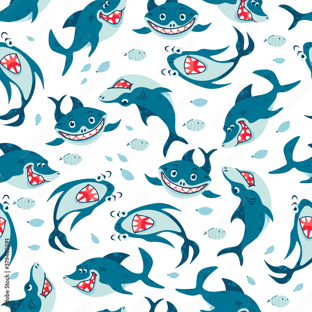 Seamless pattern with Sharks in cartoon style. Comic sharks emotions. Background with funny sea colors for children's room design, clothing, textiles, Wallpaper, digital paper. Vector illustration