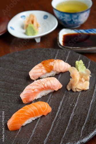 fine japanese nigiri sushi assorted of salmon aburi