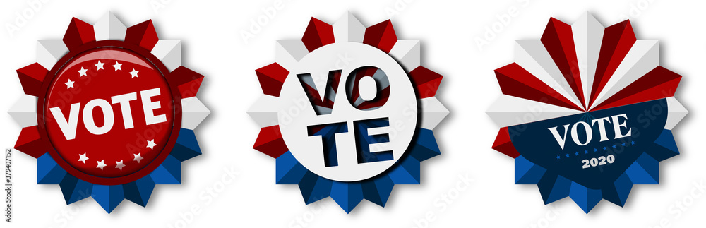 Vektor Banner Vote 2020, Präsidentschaftswahlen, Pin mit weißen, roten und blauen Elementen, Button mit Schriftzug 