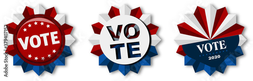 Vektor Banner Vote 2020, Präsidentschaftswahlen, Pin mit weißen, roten und blauen Elementen, Button mit Schriftzug 