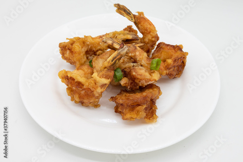 Asian Style Fried Shrimp on a White Plate with a White Background