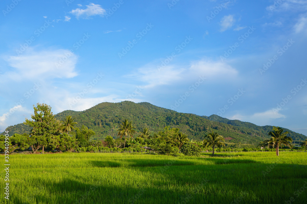 Green mountains, blue sky and beautiful background