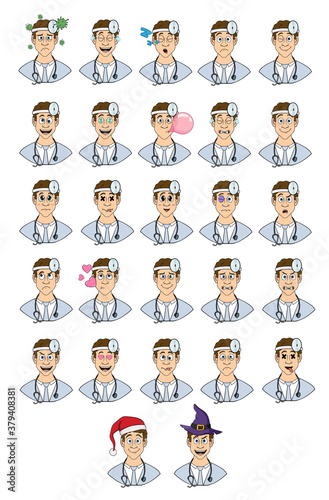 cartoon doctors with different emotions. large set of isolated emoji on a white background. vector stock illustrations
