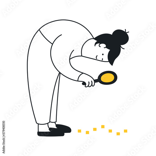 Search, investigation, looking at footprints through a magnifying glass. The cute cartoon woman studying and looking for something. Flat clean line vector illustration on white