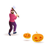 The mad forester runs with an ax for pumpkins on a white background. A man in a hat and pumpkins for halloween.