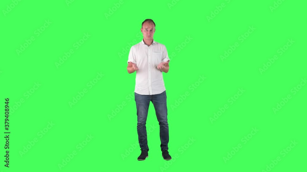Professional salesman advertising and presenting. Full body standing on green screen. Professional salesman advertising and presenting. Full body standing on green screen.